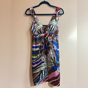 Muse Pop Art Y2K Multicolor Geometric Floral Pattern Boho Chic Silk Dress